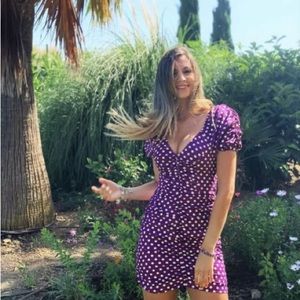 Zara Purple Rustic Linen Blend Ruched Puff Sleeves Polka Dot Bodycon Dress XS